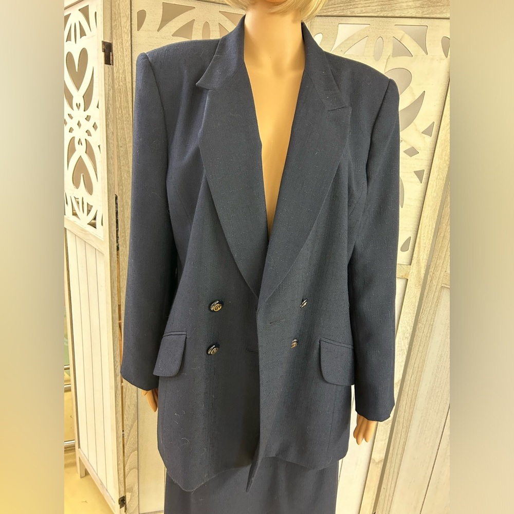 Kasper for ASL Navy Jacquard Skirt Suit Set Size 16